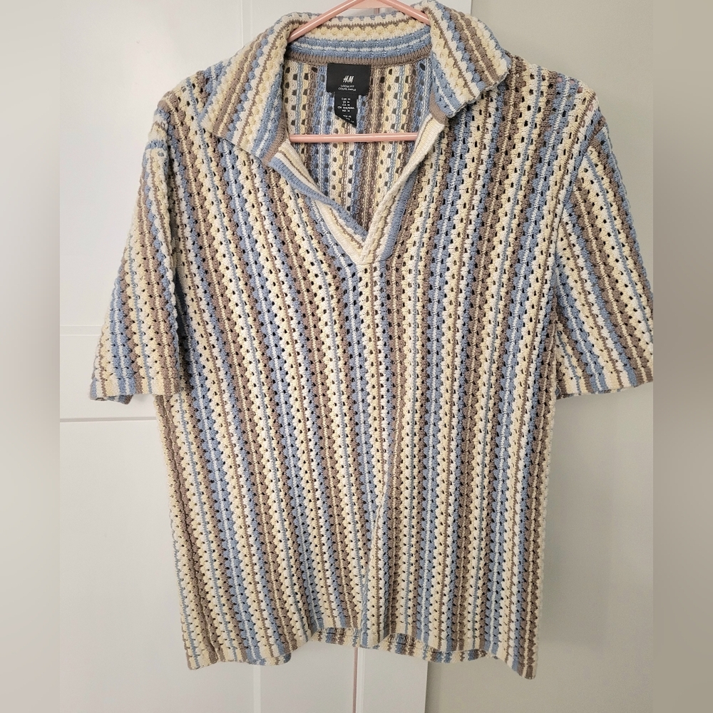 100% Cotton Knit Polo - Blue, Cream, and Brown.
